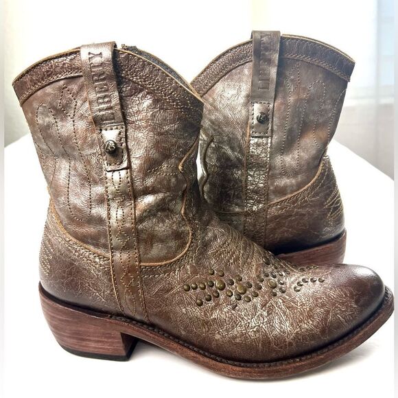 Liberty Black Studded Brown Leather Ankle Boots - Picture 5 of 12